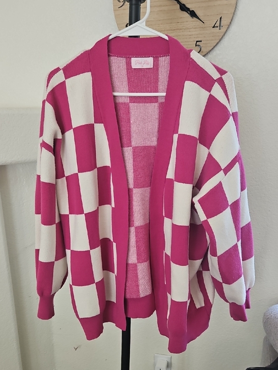 Pink Lily Sweaters - Pink Lily Pink & White Checkerboard Open-Front Cardigan